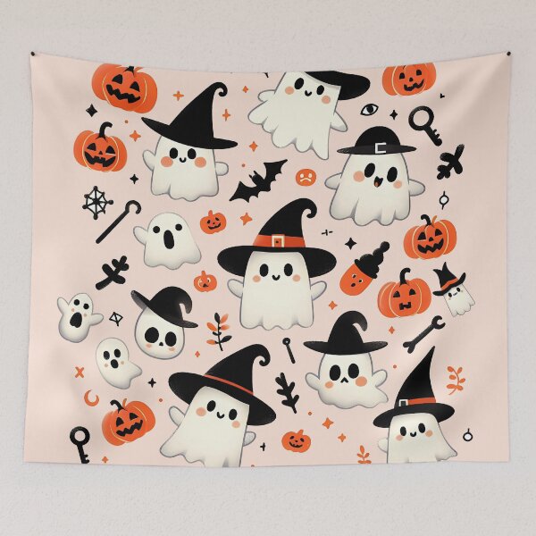 Item preview, Cute Halloween ghost pattern featuring friendly ghosts wearing witch hats, pumpkins, and spooky Halloween elements designed and sold by HeeShirt.
