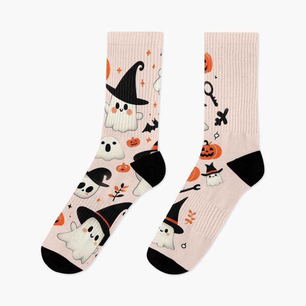 Item preview, Cute Halloween ghost pattern featuring friendly ghosts wearing witch hats, pumpkins, and spooky Halloween elements designed and sold by HeeShirt.