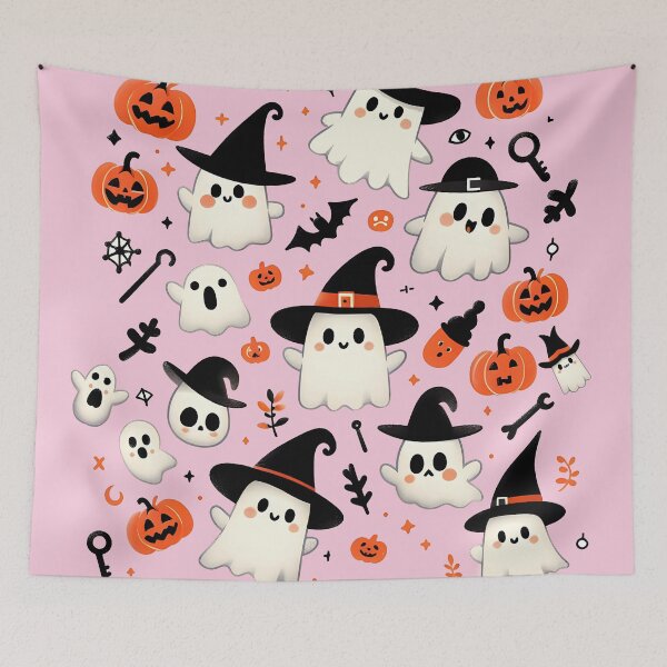 Item preview, Cute Halloween ghost pattern featuring friendly ghosts wearing witch hats, pumpkins, and spooky Halloween elements designed and sold by HeeShirt.