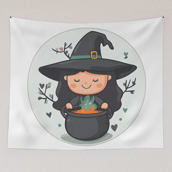 Item preview, Cute Witch Stirring a Bubbling Cauldron designed and sold by CharmingQuill.