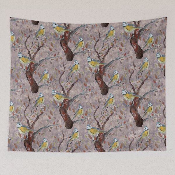Item preview, Blue tits birds on a tree hand painted pattern, painterly texture designed and sold by paintandpestle.