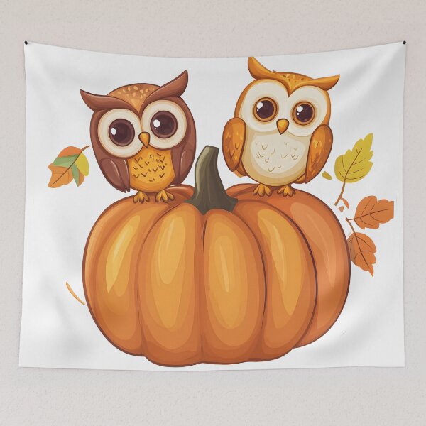 Item preview, Owls Perched on a Large Autumn Pumpkin designed and sold by CharmingQuill.