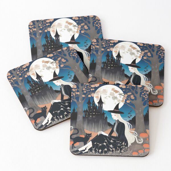 Item preview, BEAUTIFUL YOUNG WITCH  / Gift items and personal use / Halloween, Castle, Spooky, Scary, Haunted, Horror, Witch, Cat, Orange,  Dark, Spirit, Death, Gothic, Creepy, Vector, Art designed and sold by LumDesignArt.