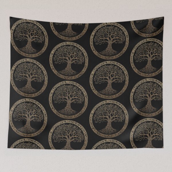 Item preview, Vintage Yggdrasil Tree with Runic Letters in Black and Gold designed and sold by DrRoza.
