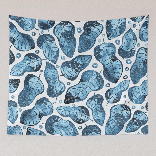 Item preview, Hand Drawn Watercolor Tropical Leaves Pattern in Faded Denim Blue designed and sold by schorrnuff.