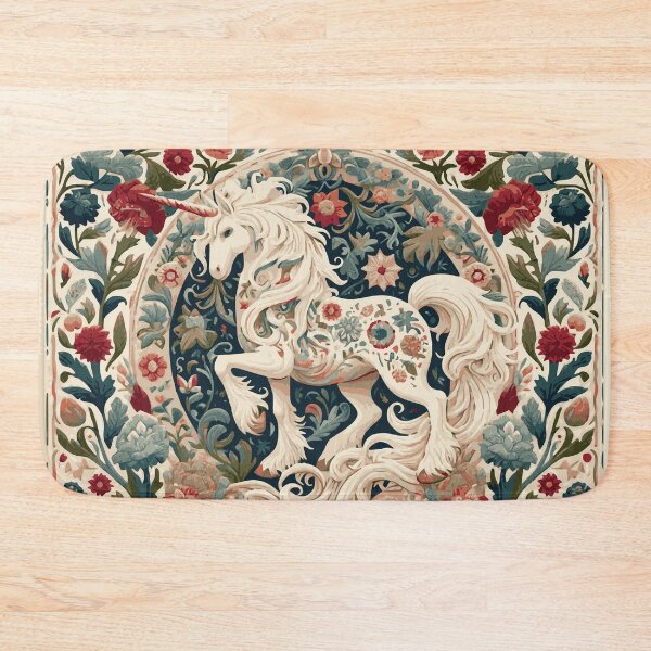Item preview, Folklore Unicorn and Blue and Red Flemish flowers art piece, inspired by the timeless designs of William Morris. This cottagecore aesthetic artwork captures the magic of fairycore. designed and sold by DrewRomeoCo.