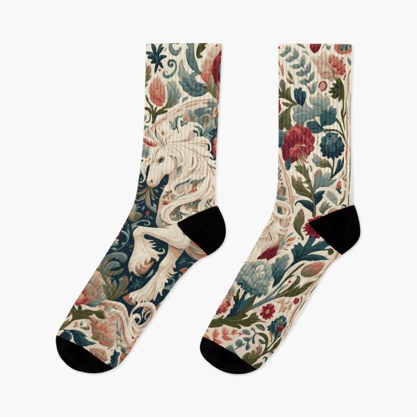Item preview, Folklore Unicorn and Blue and Red Flemish flowers art piece, inspired by the timeless designs of William Morris. This cottagecore aesthetic artwork captures the magic of fairycore. designed and sold by DrewRomeoCo.
