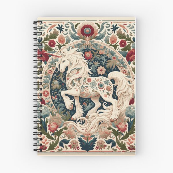 Item preview, Folklore Unicorn and Blue and Red Flemish flowers art piece, inspired by the timeless designs of William Morris. This cottagecore aesthetic artwork captures the magic of fairycore. designed and sold by DrewRomeoCo.
