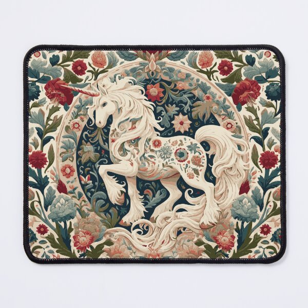 Item preview, Folklore Unicorn and Blue and Red Flemish flowers art piece, inspired by the timeless designs of William Morris. This cottagecore aesthetic artwork captures the magic of fairycore. designed and sold by DrewRomeoCo.