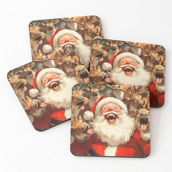 Item preview, Santa laughing heartily, surrounded by cartoon reindeer with playful expressions. designed and sold by HEMRO.