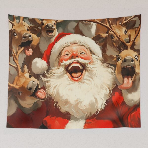 Item preview, Santa laughing heartily, surrounded by cartoon reindeer with playful expressions. designed and sold by HEMRO.