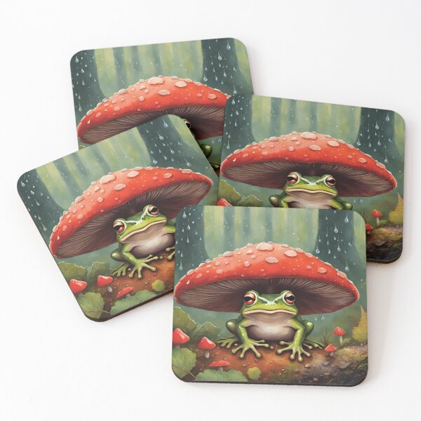 Item preview, rainy day in the magical and whimsical forest, frog under mushroom art, cosy autumn vibes, fell in love in fall and umbrellas,  designed and sold by Mayaart83.