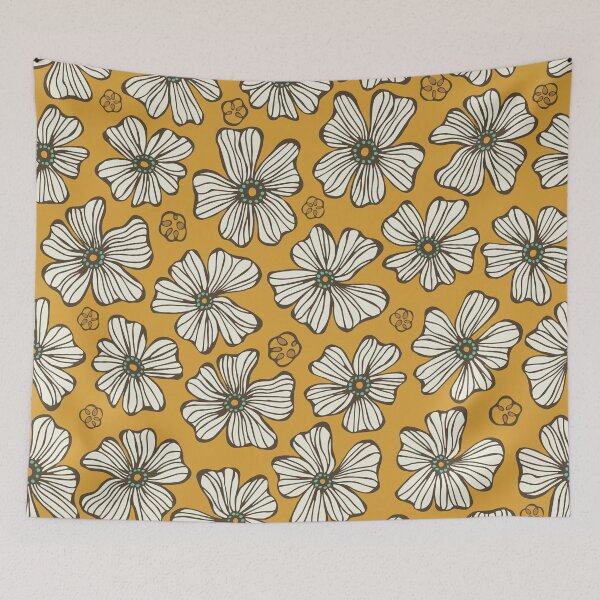 Item preview, White Hand Drawn Flowers on a Brown Mustard Background Pattern designed and sold by schorrnuff.