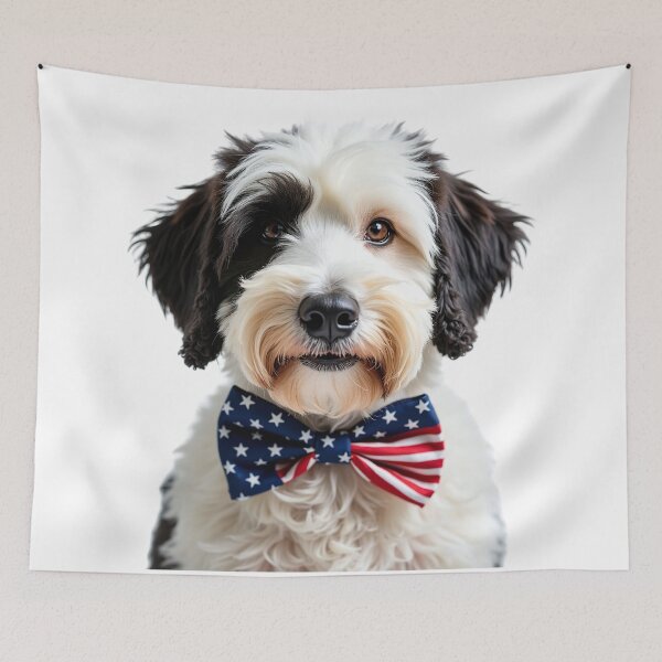 Item preview, Funny cool Old English Sheepdog dog wearing a USA flag bow tie designed and sold by LazyOwlStore.