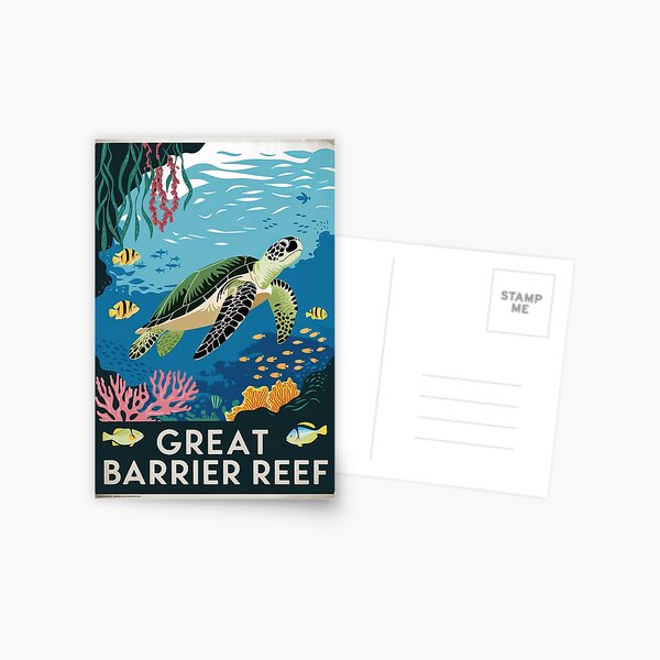 Item preview, Vintage Minimal Retro Travel Poster - Great Barrier Reef Australia with Turtle, Fish, Corals designed and sold by pod24.