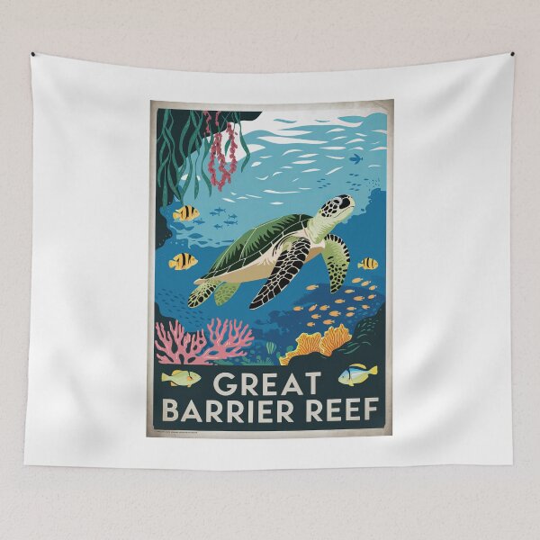 Item preview, Vintage Minimal Retro Travel Poster - Great Barrier Reef Australia with Turtle, Fish, Corals designed and sold by pod24.