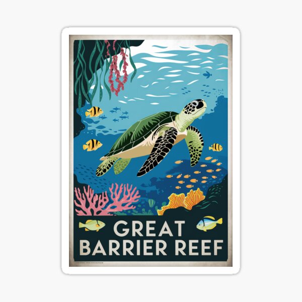 Artikel-Vorschau von Vintage Minimal Retro Reiseplakat - Great Barrier Reef Australien mit Schildkröte, Fischen, Korallen, designt und verkauft von pod24.