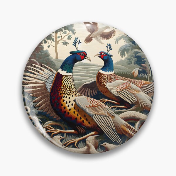 Item preview, Enchanting Fairycore Pheasants tapestry style design, inspired by the timeless designs of William Morris. Earth tones and woodland Landscape.  designed and sold by DrewRomeoCo.