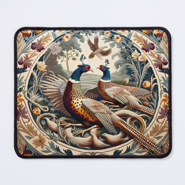 Item preview, Enchanting Fairycore Pheasants tapestry style design, inspired by the timeless designs of William Morris. Earth tones and woodland Landscape. designed and sold by DrewRomeoCo.
