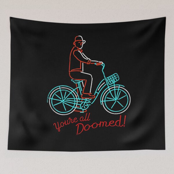 Item preview, You're all doomed - Friday the 13th, man riding bike, neon retro designed and sold by therocketman.