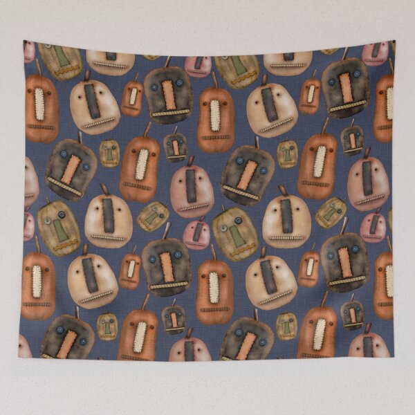 Item preview, Prim Pumpkins on Blue Linen Look Fabric designed and sold by CheriesArt.