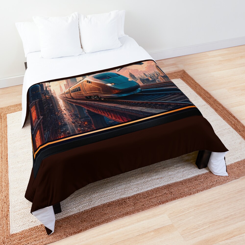 High-Speed Train And Aircraft In A Retro-Futurism Cityscape Awe-Inspiring AI Concept Art by Xzendor7 Decorative Art Print Comforter