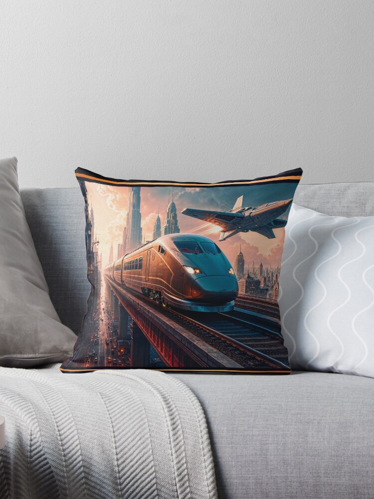 High-Speed Train And Aircraft In A Retro-Futurism Cityscape Awe-Inspiring AI Concept Art by Xzendor7 Decorative Art Print Throw Pillow