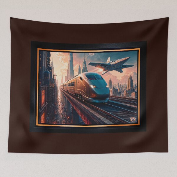 Item preview, High-Speed Train And Aircraft In A Retro-Futurism Cityscape Awe-Inspiring AI Concept Art by Xzendor7 designed and sold by Xzendor7 Digital Art Creations.