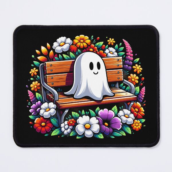Item preview, Cute Ghost Sitting on Park Bench, Flower Garden Summer Vibes designed and sold by madtoyman.