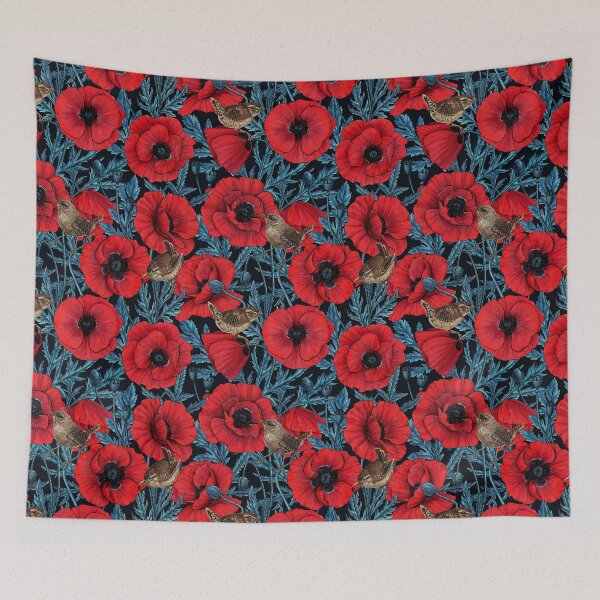 Item preview, Red poppies and wrens, blue leaves on black designed and sold by Katerina Mitkova Kirilova.