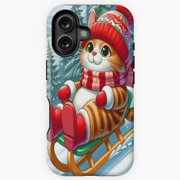 Fröhliche Katze im Winterzauber: Mit roter Mütze, Schal und Stiefelchen auf dem Schlitten den Hang hinunter iPhone Robuste Hülle