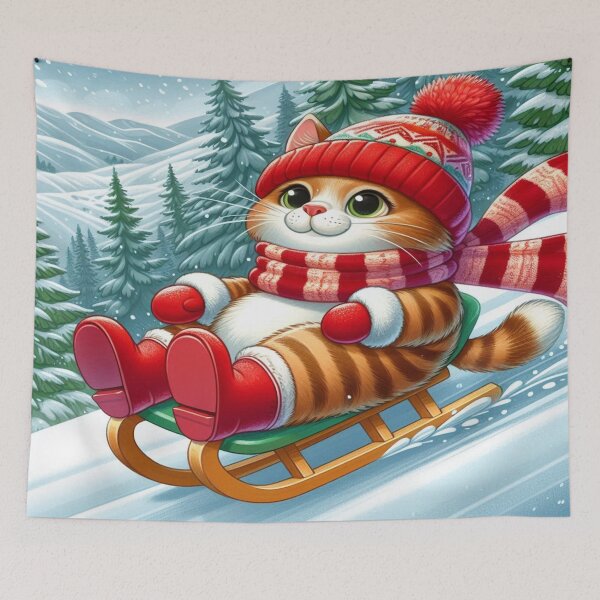 Item preview, Happy cat in winter magic: With red hat, scarf and boots on the sledge down the slope designed and sold by FotoworldEdel.