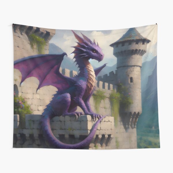 Item preview, Majestic Purple Dragon on Castle Rampart: Fantasy Art designed and sold by PandaTShirtShop.