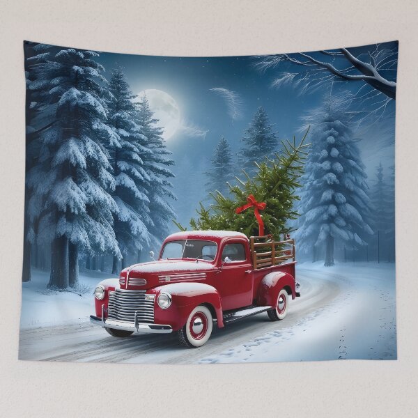Artikelvorschau, Vintage Weihnachts-Rot-Truck mit Baum - Nostalgische Feiertags-Winterszene von LaLi Designs entworfen und verkauft von LaLi-Designs.