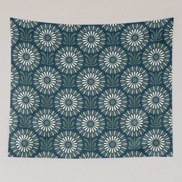 Item preview, KF 0314 E - Vintage Retro Daisy 70s Floral Pattern in Green Teal Cream designed and sold by KhakiFinch.