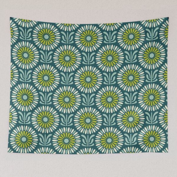 Item preview, KF 0314 C - Vintage Retro Daisy 70s Floral Pattern in Green Teal Cream designed and sold by KhakiFinch.