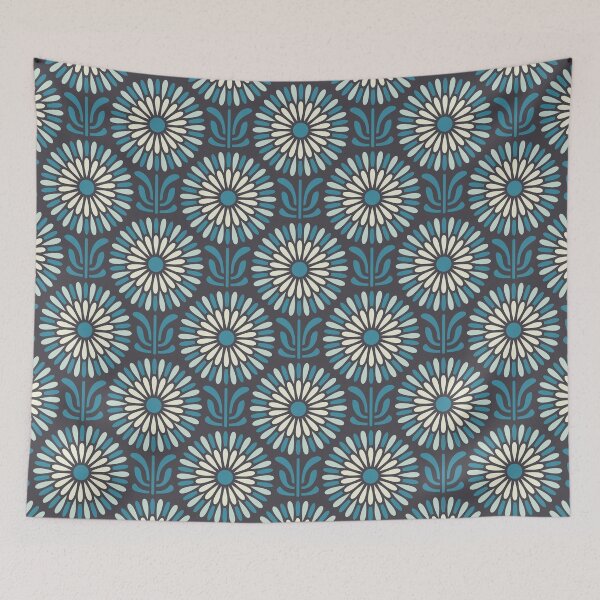 Item preview, KF 0314 A - Vintage Retro Daisy 70s Floral Pattern in Blue Cream Black designed and sold by KhakiFinch.
