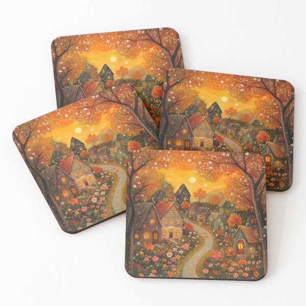 Item preview, Autumn Nights, Folk Art Autumn Scene, Floral Art designed and sold by Neika Shimm Designs.