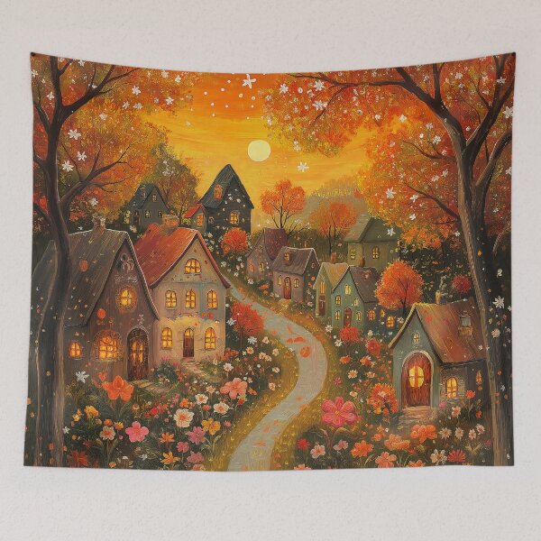 Item preview, Autumn Nights, Folk Art Autumn Scene, Floral Art designed and sold by Neika Shimm Designs.