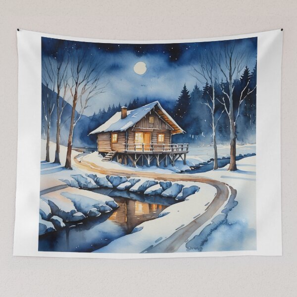 Item preview, "Cozy Winter Cabin in Snowy Forest – Watercolor Art of Peaceful Winter Nights" designed and sold by murat9000.