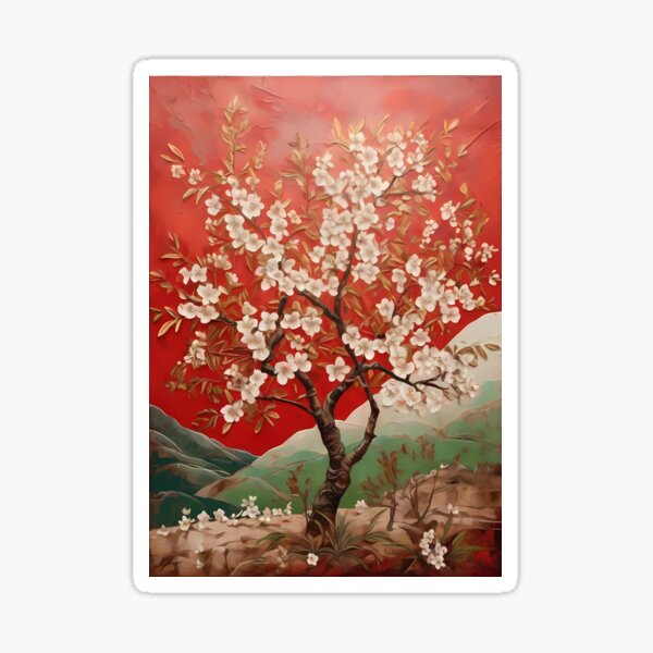 Vista previa del artículo con la obra «Un almendro con flores blancas y fondo rojo.», diseñado y vendido por MRFEZOO2030.