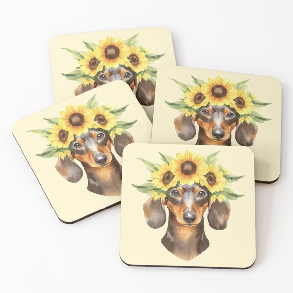 Item preview, Short Haired Dachshund Sunflower Flower Crown Watercolor designed and sold by Magnolia Valley Art.
