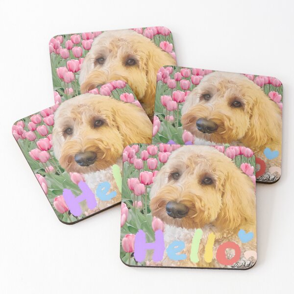 Item preview, Pretty in Pink Labradoodle in a field of Tulips Saying Hello Painting! designed and sold by Yogibear & Rachelle .