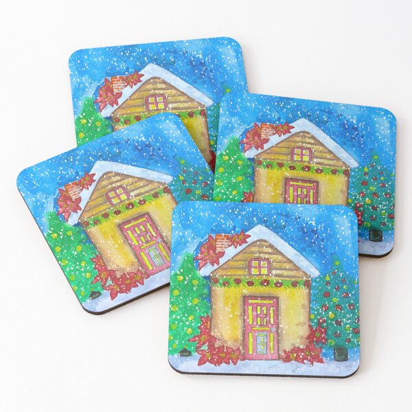 Item preview, Watercolor whimsical Christmas House with poinsettia flowers  designed and sold by altairaleon.