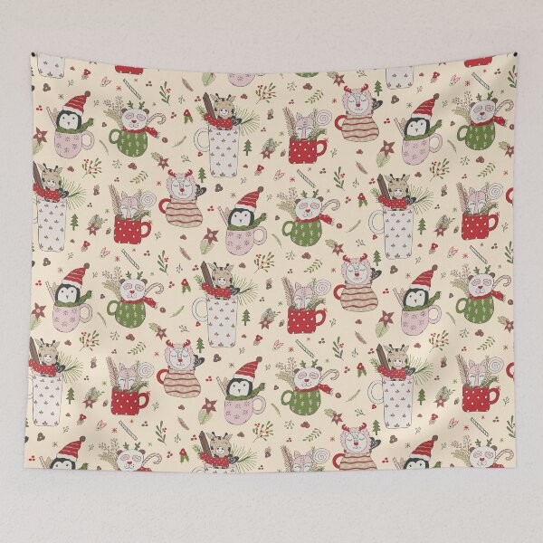 Item preview, Cozy Christmas Forest animals in coffee mugs with scarf, knit caps, mittens designed and sold by sarakaquabubble.