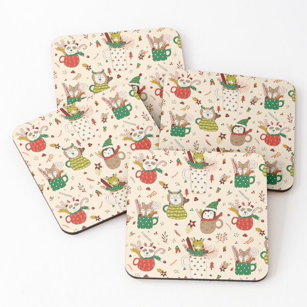 Item preview, Cozy Christmas Forest animals in coffee mugs with scarf, knit caps, mittens designed and sold by sarakaquabubble.