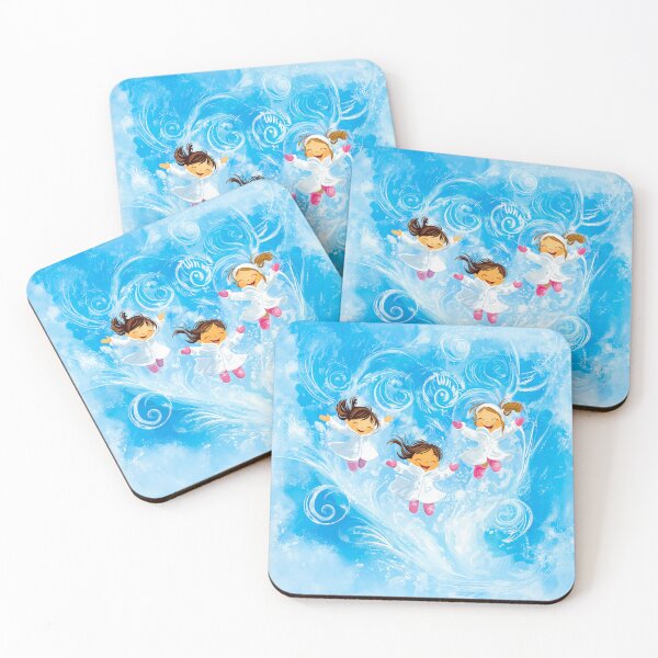 Item preview, three young girls in white coats and pink boots, leaping through a swirling winter wonderland.  designed and sold by HEMRO.