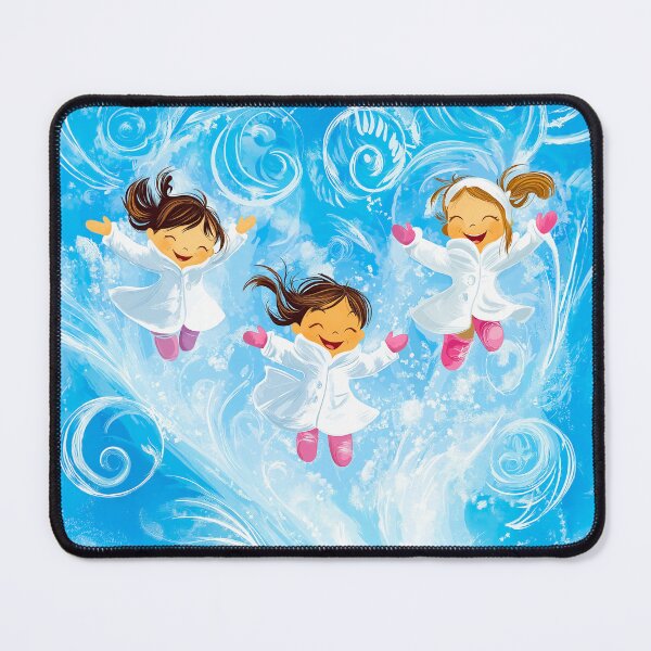 Item preview, three young girls in white coats and pink boots, leaping through a swirling winter wonderland.  designed and sold by HEMRO.