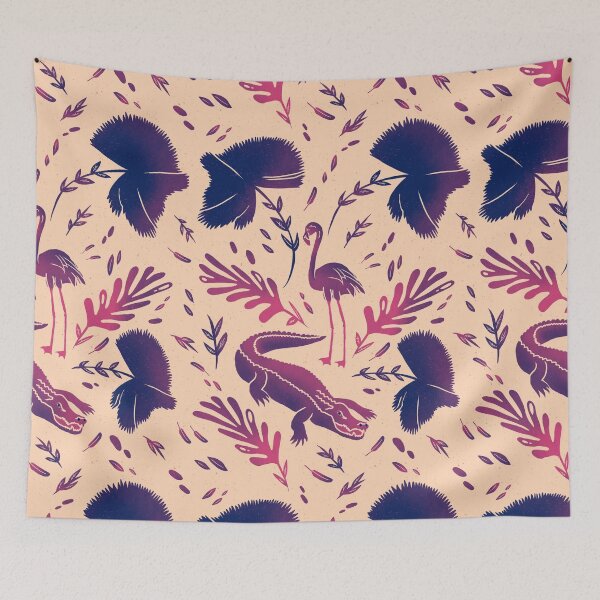 Item preview, Peach and Deep Purple Flamingo Crocodile Jungle Pattern  designed and sold by murraymont.