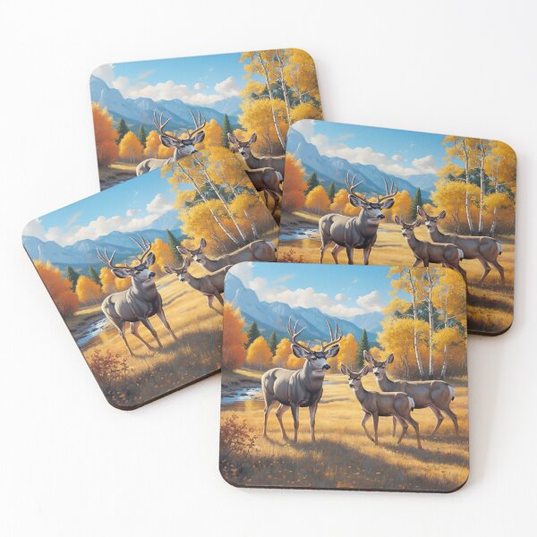Item preview, Mule Deer Buck Doe and Fawn in Autumn Aspen Woods designed and sold by csforest.